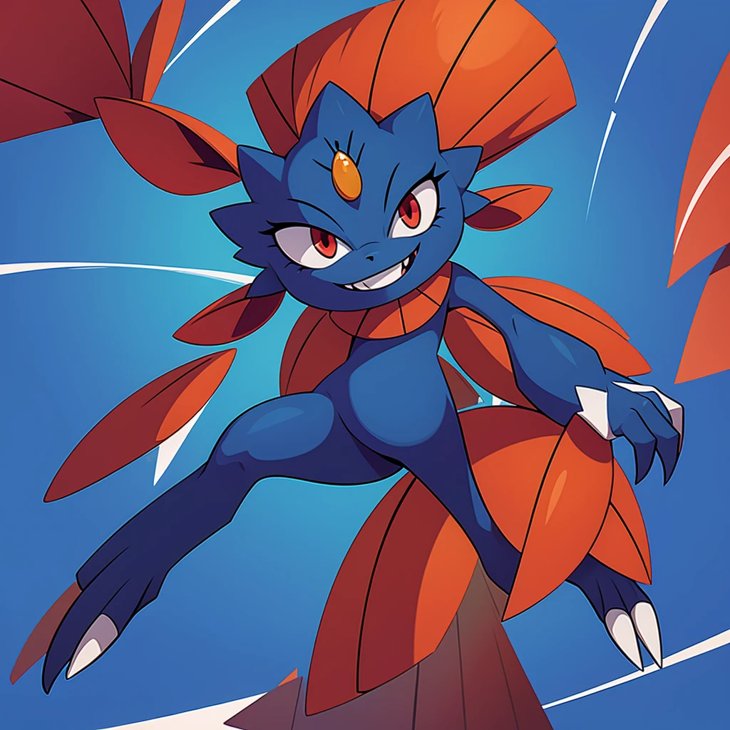 Weavile, bluish fur, orange gem, red eyes, smiling, full body