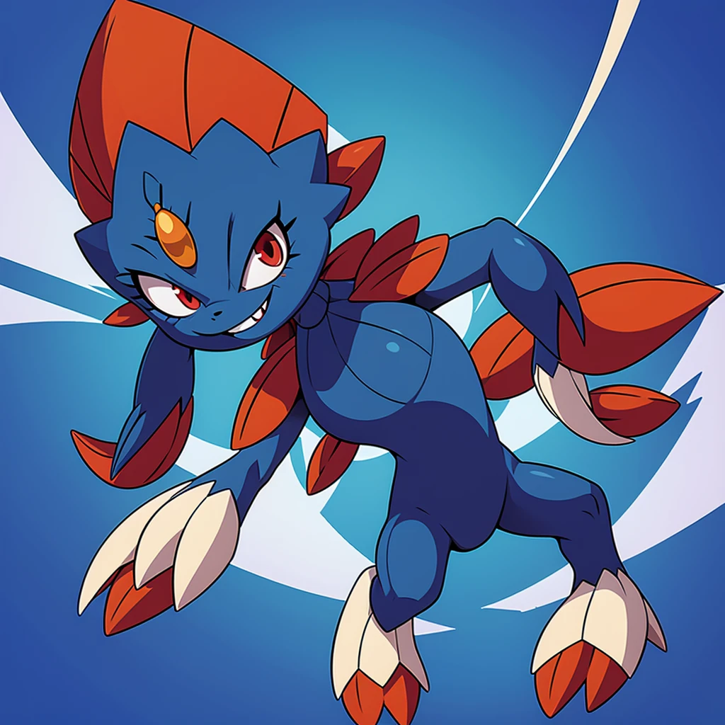 Weavile, bluish fur, orange gem, red eyes, smiling, full body