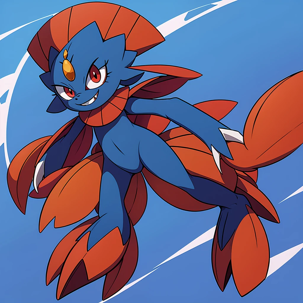 Weavile, bluish fur, orange gem, red eyes, smiling, full body