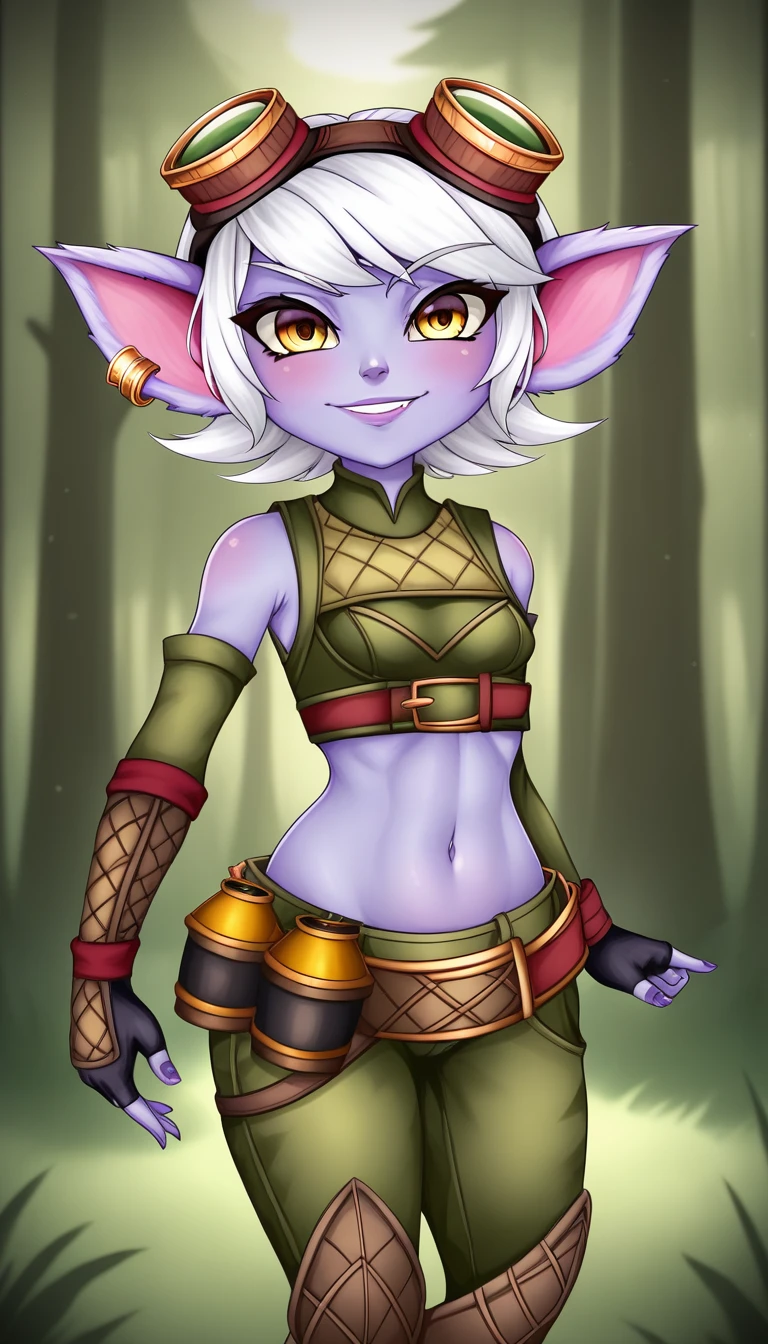 TristanaLoLXL, yordle, yellow eyes, pointy ears, white hair, short hair, earrings, googles on head, purple skin, colored skin. small breasts, green crop top, navel, arm sleeves, gloves, fingerless gloves, elbow gloves, green pants, belt, grenade belt, standing, looking at viewer, forest, tree