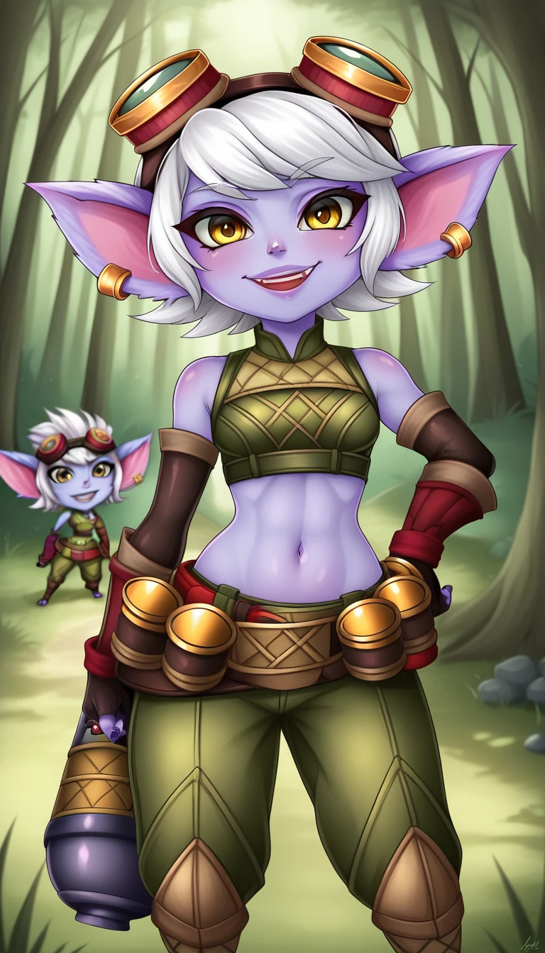 TristanaLoLXL, yordle, yellow eyes, pointy ears, white hair, short hair, earrings, googles on head, purple skin, colored skin. small breasts, green crop top, navel, arm sleeves, gloves, fingerless gloves, elbow gloves, green pants, belt, grenade belt, standing, looking at viewer, forest, tree