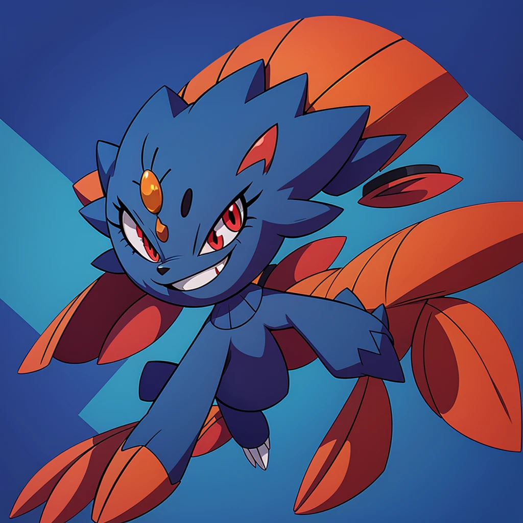 Weavile, bluish fur, orange gem, red eyes, smiling, full body