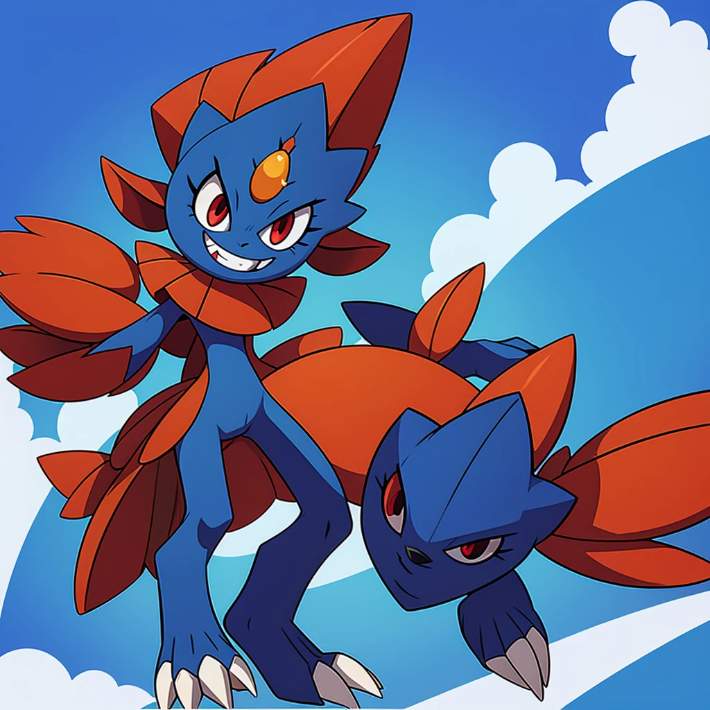 Weavile, bluish fur, orange gem, red eyes, smiling, full body