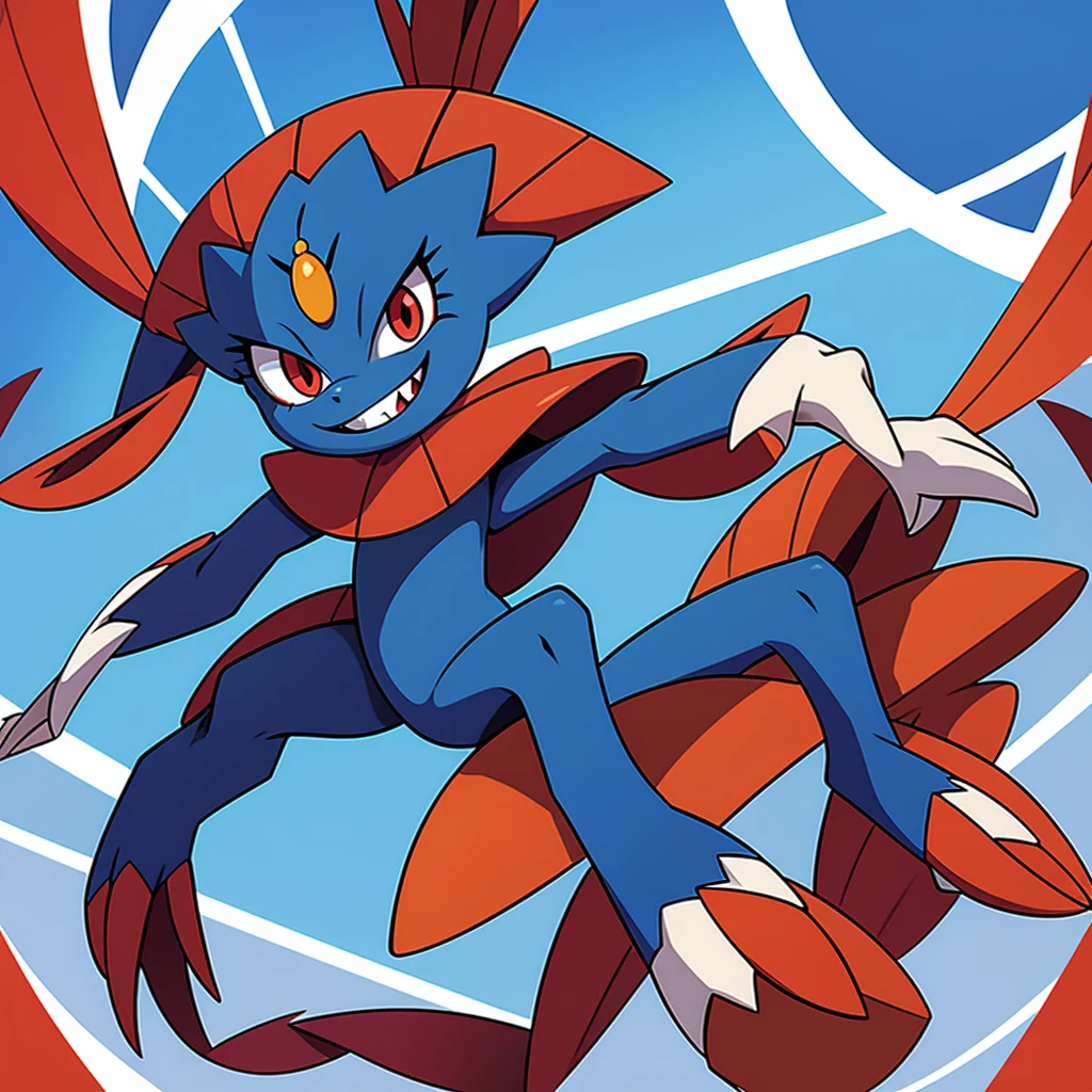 Weavile, bluish fur, orange gem, red eyes, smiling, full body