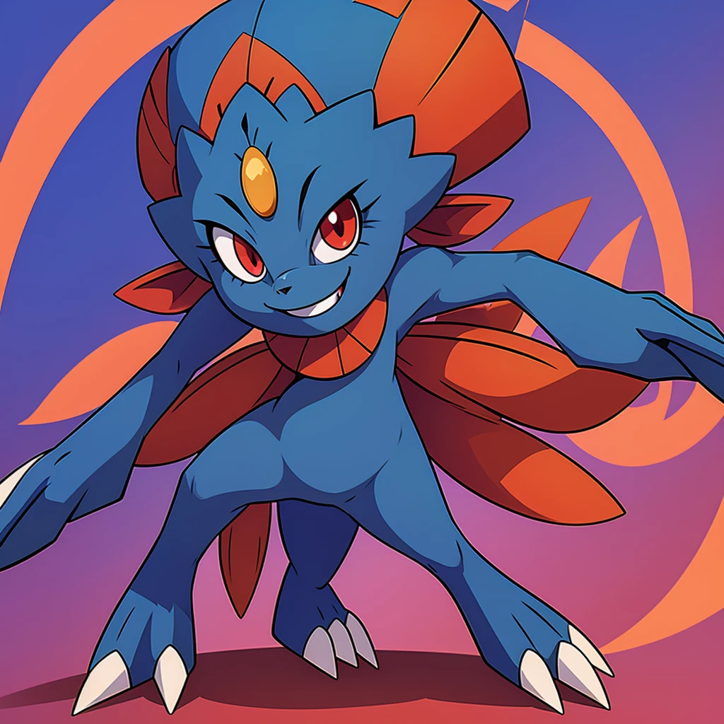 Weavile, bluish fur, orange gem, red eyes, smiling, full body