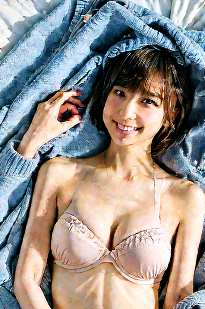 (Highest quality), (masterpiece), A naked girl is lying on her back on a bed with her knees raised and legs wide open, exposing her vagina with a penis inserted into it., whole body, Her crotch is in the center of the screen., Eyes that are evenly shaped, Gentle eyes, Very short hair, Beautiful breasts, she does shy smile, she is blushing, Her lower abdomen is bare, She has a full head of pubic hair, Beautiful vagina, I am having sex with her, get creampied, A simple background with just a sheet,