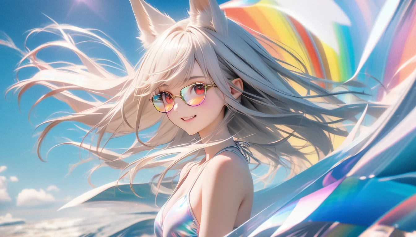 best quality, 8K, original photo, Ridiculous, Extremely detailed, Fox ears，baby face, No makeup, Provocative expressions，slim, Perfect proportion, White straight hair, (wind, wind-effect), blue eyes, Various visual styles for backgrounds，combines various artistic elements，like a sparkling iridescent rainbow，White Fox Girl，swimsuit，Gold frame glasses