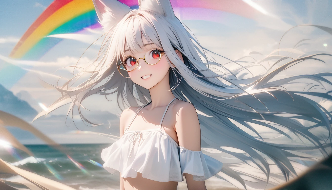 best quality, 8K, original photo, Ridiculous, Extremely detailed, Fox ears,baby face, No makeup, Pleasant smile, slim, Perfect proportion, White straight hair, (wind, wind-effect), Red Eyes, Various visual styles for backgrounds,combines various artistic elements,like a sparkling iridescent rainbow,White Fox Girl,swimsuit,Gold frame glasses