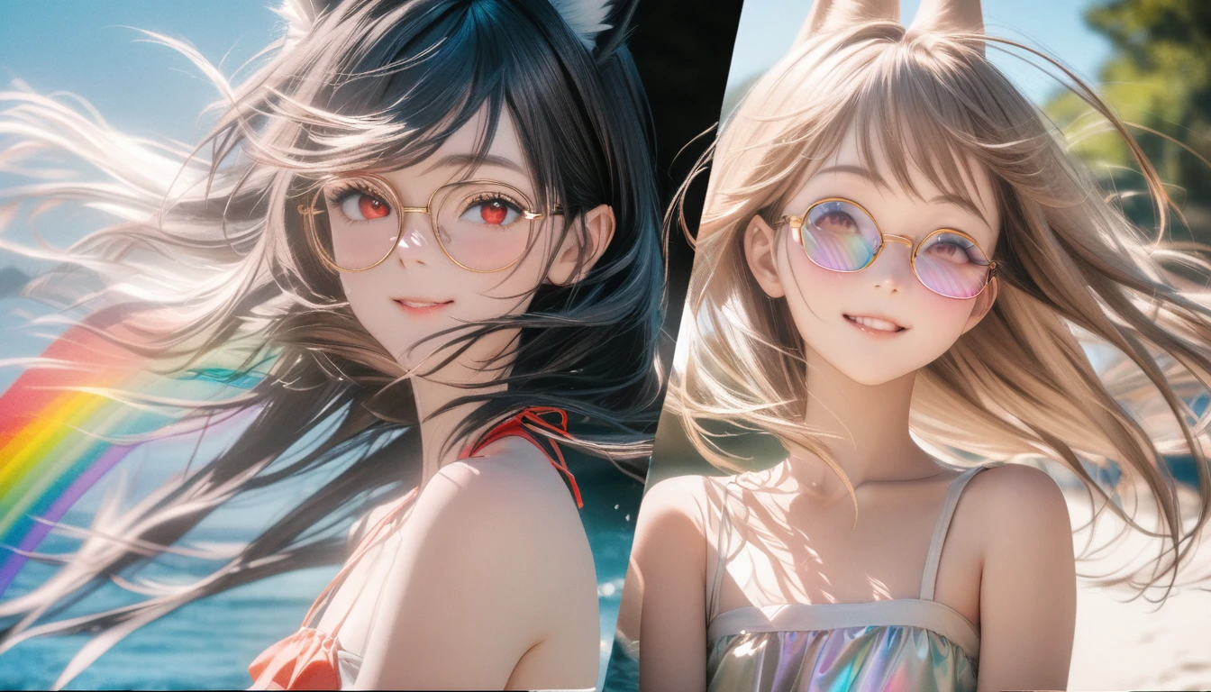 best quality, 8K, original photo, Ridiculous, Extremely detailed, Fox ears，baby face, No makeup, Pleasant smile, slim, Perfect proportion, White straight hair, (wind, wind-effect), Red Eyes, Various visual styles for backgrounds，combines various artistic elements，like a sparkling iridescent rainbow，White Fox Girl，swimsuit，Gold frame glasses