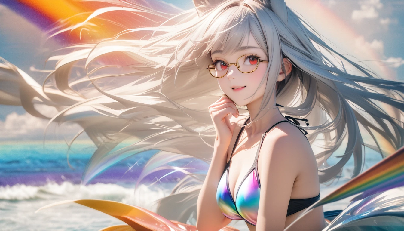 best quality, 8K, original photo, Ridiculous, Extremely detailed, Fox ears，, No makeup, Pleasant smile, slim, Perfect proportion, White straight hair, (wind, wind-effect), Red Eyes, Various visual styles for backgrounds，combines various artistic elements，like a sparkling iridescent rainbow，White Fox Girl，swimsuit，Gold frame glasses