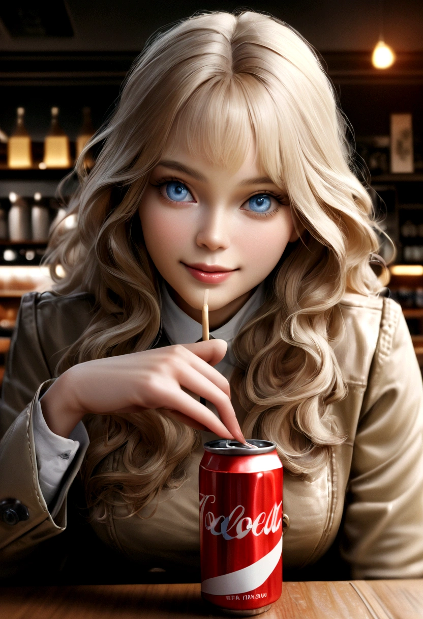 Belle brune aux reflets blonds portant un pull beige (In a cafe drinking soda), very detailed, 22 ans, realistic, Visage innocent, natural wavy hair, blue eye, high resolution, masterpiece, best quality, intricate details, very detailed, mise au point nette, detailed skin, texture de peau realistic, texture, detailed eyes, professionnel, 4K, charming smile, filmed on Canon, 85 millimeters, shallow depth of field, Kodak Vision Color, corps parfaitement ajusté, extremely detailed, Photograph_\(ultra\), photorealistic, realistic, Post-traitement, Maximum details, roughness, real life, ultra realistic, photorealism, photographie, 8K UHD, photographie