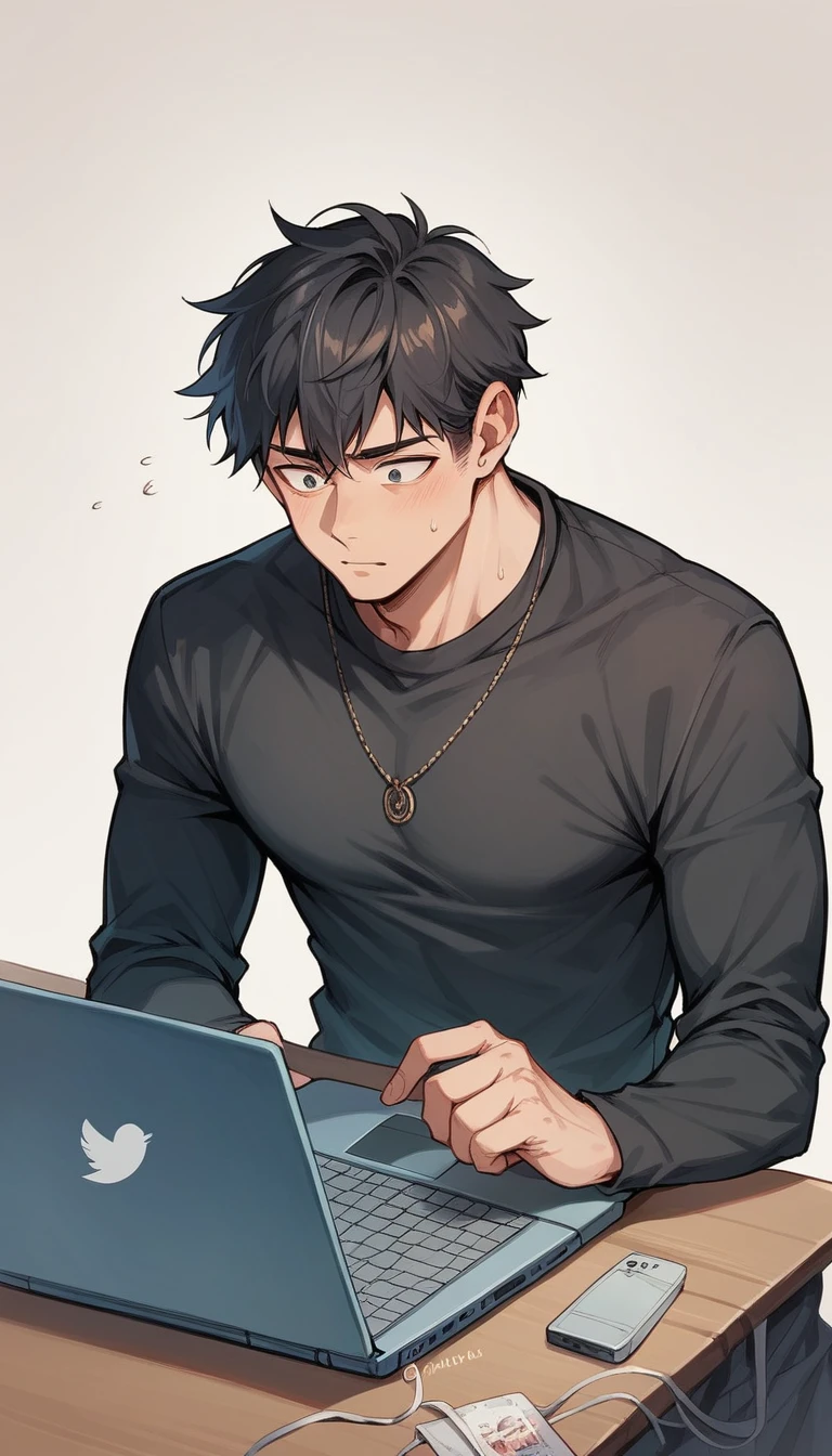 a horrible looking japanese man looking her laptop to see twitter posts