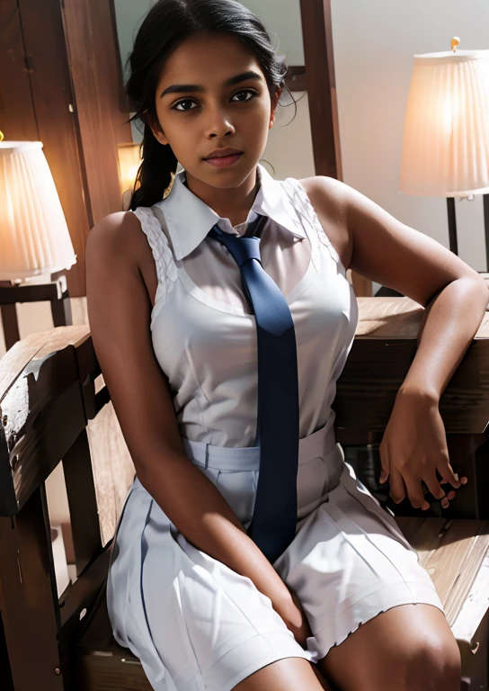 Raw photo , 1 girl  ,Wearing white frock and color tie, white shoes ,sri lanka  girl,no bra with plait, huge breasts, sitting on the ground and spreading legs  , professional photographer, (hdr:1.4), masterpiece, ultra-realistic 8k, perfect artwork, intrincate details, cute face, award winning photograph, (Best quality, 8k, 32k, Masterpiece, UHD:1.3) ,