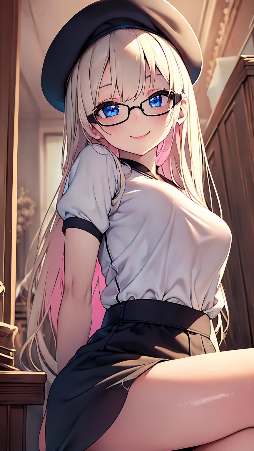 Highest quality,masterpiece,masterpiece portrait,Upper Body, Blonde、Blue Eyes、Pink lips、、White shirt、Black Ribbon、Sexy atmosphere、cartoonist、(((Slightly erotic)))、Wearing a beret、Posing and smiling with glasses、Anime Style、Beauty、Her background is monochrome black、(((Front view)))、Looking up,oil