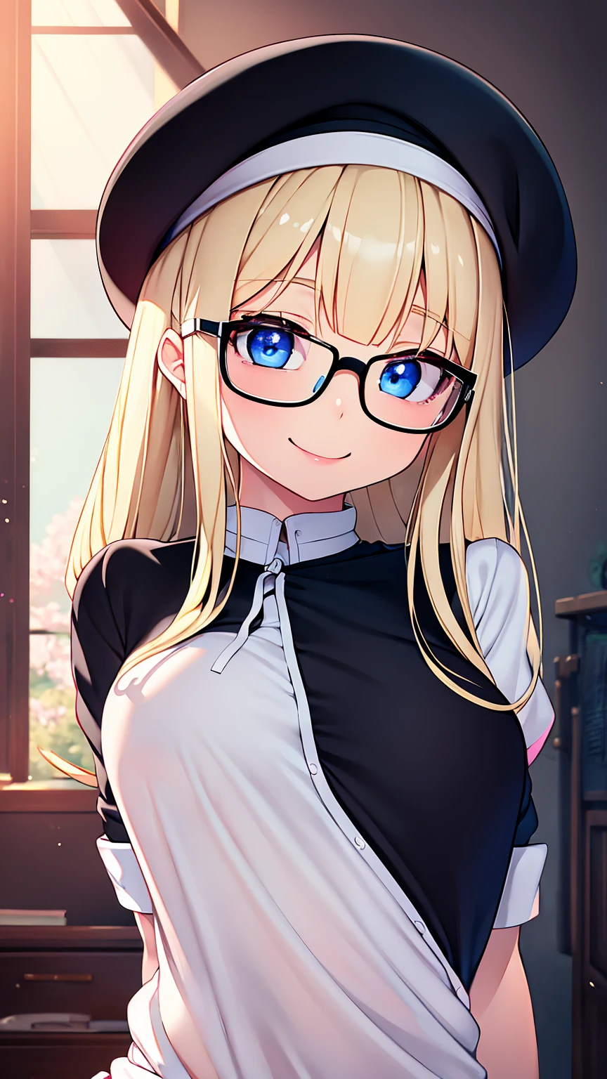 Highest quality,masterpiece,masterpiece portrait,Upper Body,　Blonde、Blue Eyes、Pink lips、、White shirt、Black Ribbon、Sexy atmosphere、cartoonist、(((Slightly erotic)))、Wearing a beret、Posing and smiling with glasses、Anime Style、Beauty、Her background is monochrome black、(((Front view)))、Looking up,oil