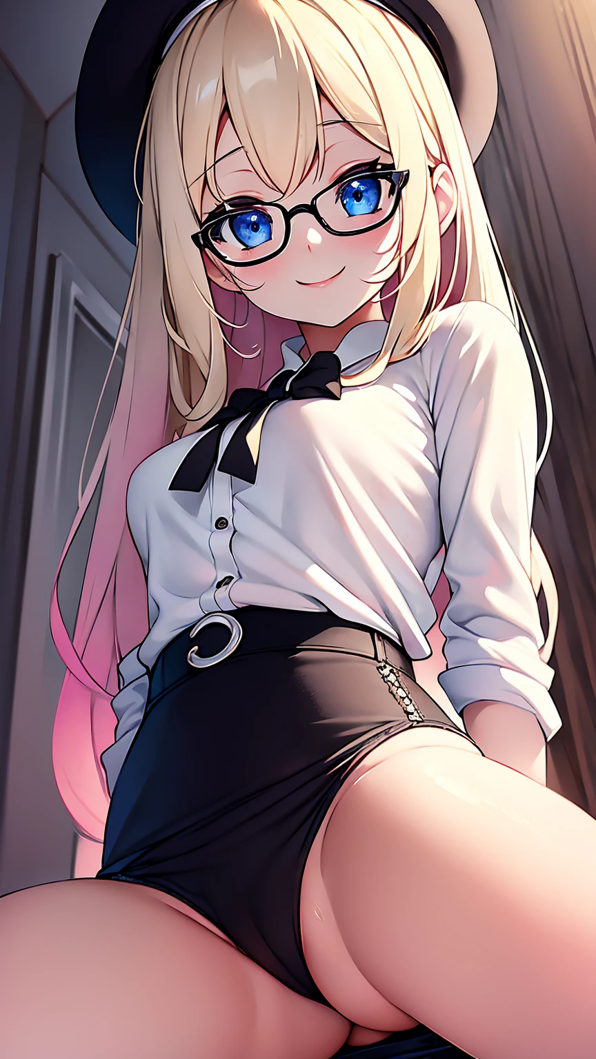 Highest quality,masterpiece,masterpiece portrait,Upper Body, Blonde、Blue Eyes、Pink lips、、White shirt、Black Ribbon、Sexy atmosphere、cartoonist、(((Slightly erotic)))、Wearing a beret、Posing and smiling with glasses、Anime Style、Beauty、Her background is monochrome black、(((Front view)))、Looking up,oil