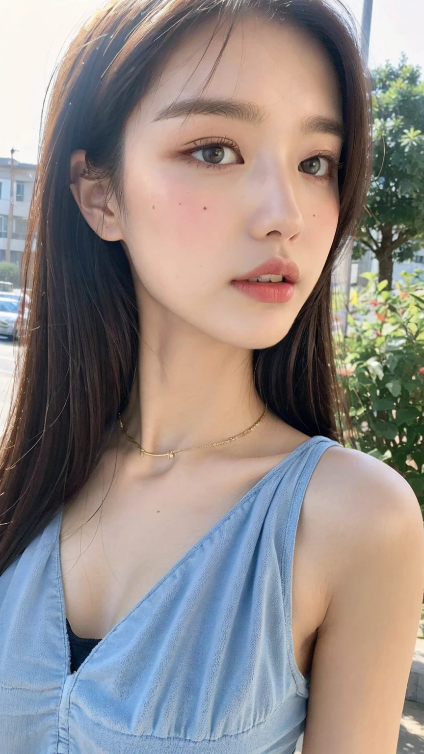 ((Best quality, 8K, masterpiece:1.3)),1girl,18 years old,Asian,Real texture:1.3,(Background blur:1.3),Gorgeous long dress,Tall and slender figure:1.2,(Hot summer weather),(street:1.3),Highly detailed face and skin textures,Exquisite eyes,Long eyelashes,Double eyelids,Skin Whitening,happy,Big breasts
