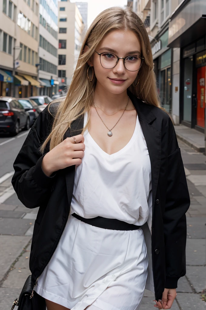 full frame photo of a beautiful young girl with long blonde platinum hair, wearing white formal shirt, big breasts, on the street, earrings, black eyeliner, sharp jawline, small nose, long black nails, wearing black cloth skirt, freckles, shy smile, cute face, face, black glasses, raining, soaked wet, wet transparent shirt, wet transparent top