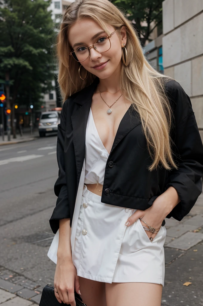 A 19-year-old blonde woman, ((hyperrealism),. blonde hair, long hair, beautiful, cute face, shy smile, earrings, rings, necklace, glasses, on the street of city, elegant black classic jacket, black skirt, white formal shirt under black jacket, big natural, semi-transparent top