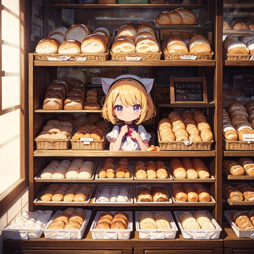 Super detailed, super high resolution, 64k, masterpiece, highest quality, beautiful eyes in every detail, high resolution background, bright and beautiful atmosphere, 3 girls (2 , 1 short-tempered round face), Chibi (1 child) ( ), surface effect), color effect), small breasts, blonde hair, bakery, lots of delicious-looking freshly baked bread lined up in the window, a girl in a bakery costume walks with bread on a tray. , There are many mini pigs in the store smelling the bread and looking hungry, deltamon_sdXL:0.73) >Deltamon Negative Prompt