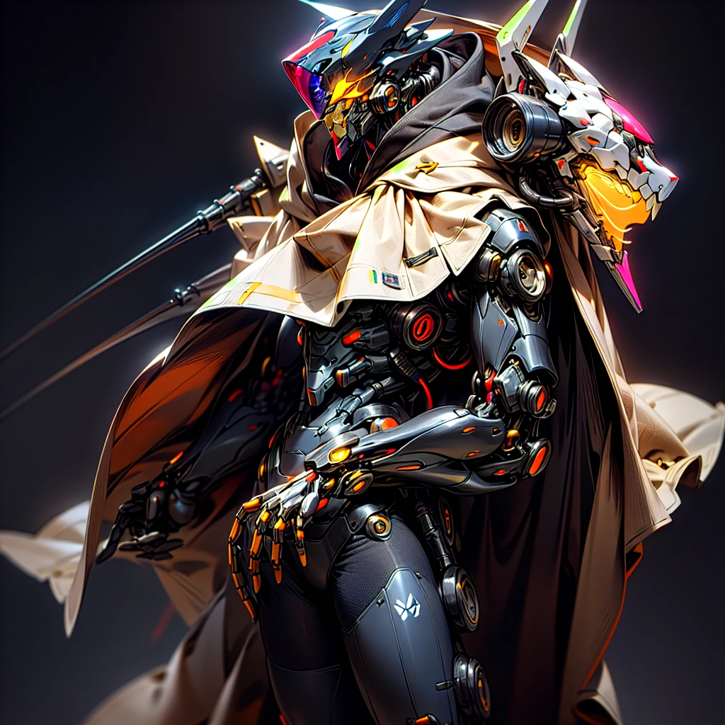Male Mecha, enigmatic black  hooded cybernetic  neon helmet, and black mask, enigmatic black hardware and nanotubes on cloak, cybernetic chrome hardware, photo realistic, maximum details, :blank :white studio background --chaos 10 --ar 4:5 --stylize 250 --v 6.0