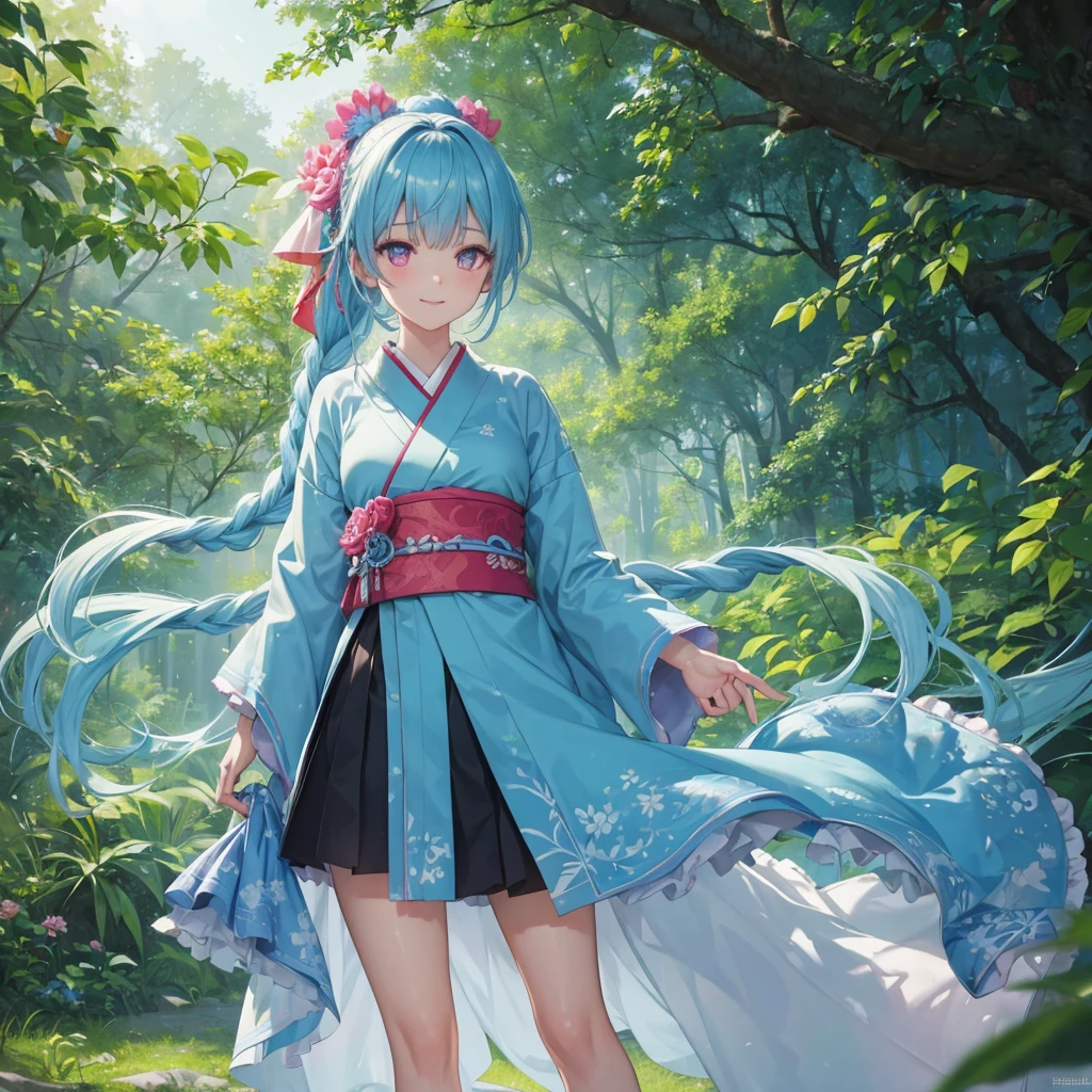 sky Blue hair, (braided ponytail),(pink eyes),fair skin ,(full body),1 girl,happy smile,kimono,Fresh green forest,Straight Bangs,(masterpiece, best quality, ultra-detailed, best shadow), (detailed background), (beautiful detailed face), high contrast, (best illumination, an extremely delicate and beautiful), ((cinematic light)), colorful, hyper detail, dramatic light, intricate details,guardian of the forest,Leaf Blizzard,