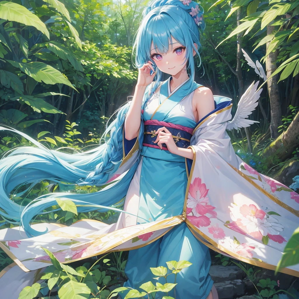 sky Blue hair, (braided ponytail),(pink eyes),fair skin ,(full body),1 girl,happy smile,kimono,Fresh green forest,Straight Bangs,(masterpiece, best quality, ultra-detailed, best shadow), (detailed background), (beautiful detailed face), high contrast, (best illumination, an extremely delicate and beautiful), ((cinematic light)), colorful, hyper detail, dramatic light, intricate details,guardian of the forest,Leaf Blizzard,