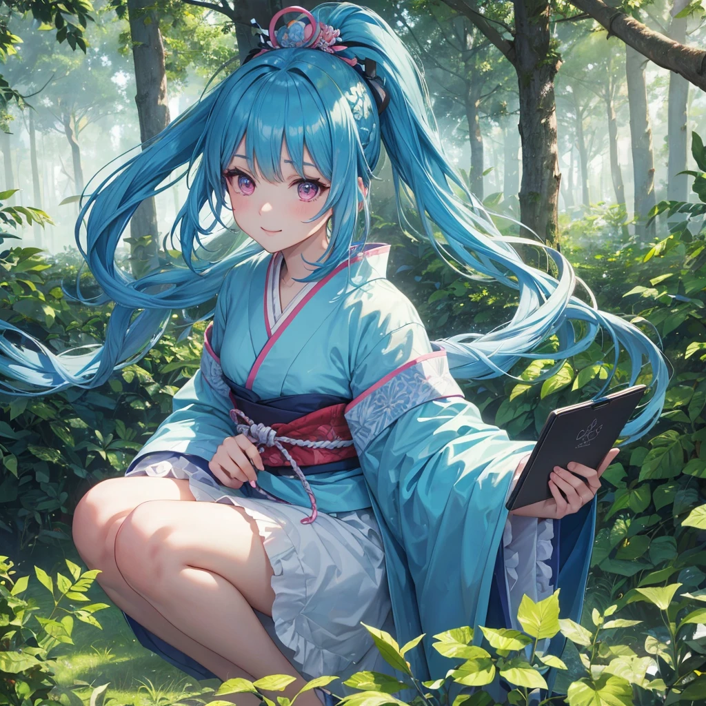 sky Blue hair, (braided ponytail),(pink eyes),fair skin ,(full body),1 girl,happy smile,kimono,Fresh green forest,Straight Bangs,(masterpiece, best quality, ultra-detailed, best shadow), (detailed background), (beautiful detailed face), high contrast, (best illumination, an extremely delicate and beautiful), ((cinematic light)), colorful, hyper detail, dramatic light, intricate details,guardian of the forest,Leaf Blizzard,