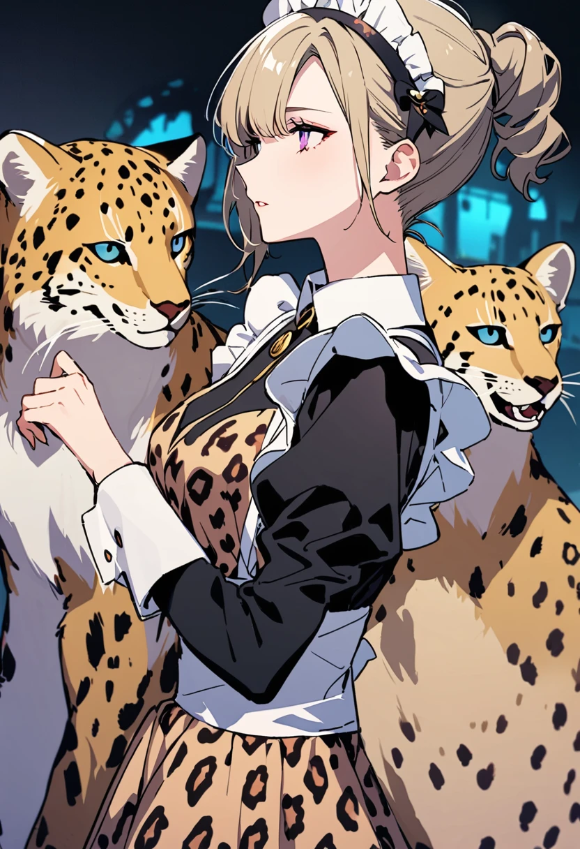 masterpiece, Highest quality, Illustration of the novel, High resolution,  , Sensual, Intimate, Emotional, Passionate, romantic, sweet, Adorable, Innocent, Pure, Charmな, Charmな, Charm, mysterious, Charmな, Charmな, Immersive, Charmな, dream-like, Surreal, Imaginative, Whimsical, Artistic, Avant-garde, timeless, elegant, Sophisticated, chic, Sophisticated, personality, original, Charmな,((Maid clothes:1.3)),(Cheetah Dress:1.3)、Female Band、live、((Upper Body:1.3))