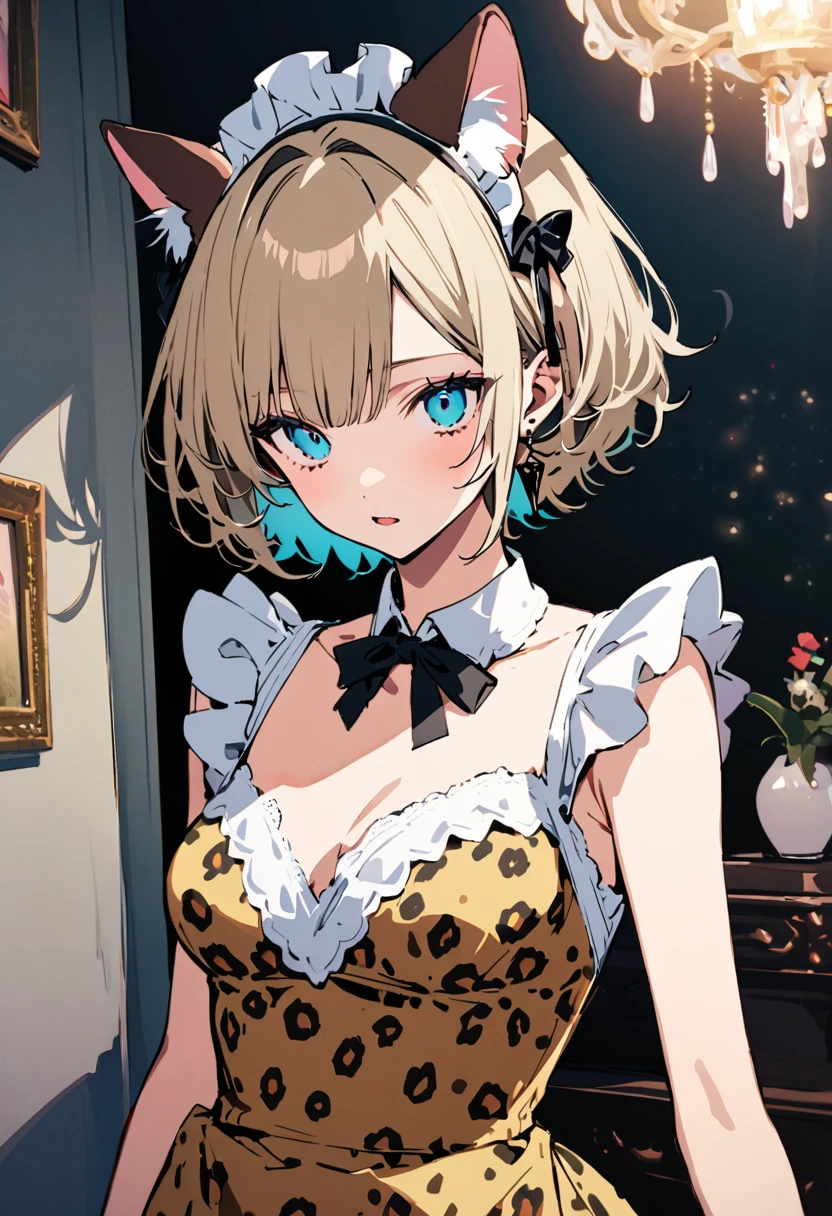 masterpiece, Highest quality, Illustration of the novel, High resolution, 18+ Adult content, Sensual, Intimate, Emotional, Passionate, romantic, sweet, Adorable, Innocent, Pure, Charmな, Charmな, Charm, mysterious, Charmな, Charmな, Immersive, Charmな, dream-like, Surreal, Imaginative, Whimsical, Artistic, Avant-garde, timeless, elegant, Sophisticated, chic, Sophisticated, personality, original, Charmな,((Maid clothes:1.3)),(Cheetah Dress:1.3)、Female Band、live、((Upper Body:1.3))