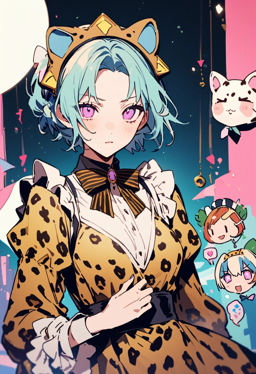 masterpiece, Highest quality, Illustration of the novel, High resolution, 18+ Adult content, Sensual, Intimate, Emotional, Passionate, romantic, sweet, Adorable, Innocent, Pure, Charmな, Charmな, Charm, mysterious, Charmな, Charmな, Immersive, Charmな, dream-like, Surreal, Imaginative, Whimsical, Artistic, Avant-garde, timeless, elegant, Sophisticated, chic, Sophisticated, personality, original, Charmな,((Maid clothes:1.3)),(Cheetah Dress:1.3)、Female Band、live、((Upper Body:1.3))