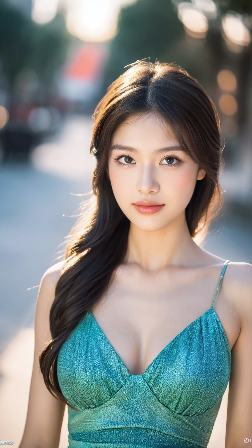 ((Best quality, 8K, masterpiece:1.3)),1girl,18 years old,Asian,Real texture:1.3,(Background blur:1.1),Gorgeous long dress,Tall and slender figure:1.2,(Hot summer weather),(street:1.3),Highly detailed face and skin textures,Exquisite eyes,Long eyelashes,Double eyelids,Skin Whitening,happy,Various postures,Big breasts