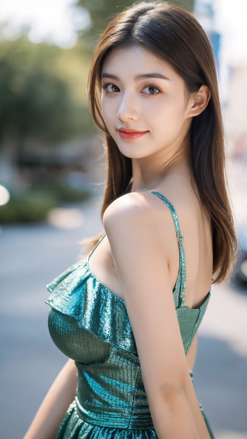 ((Best quality, 8K, masterpiece:1.3))，1girl，18 years old，Asian，Real texture:1.3，(Background blur:1.1)，Gorgeous long dress，Tall and slender figure:1.2，(Hot summer weather)，（street:1.3），Highly detailed face and skin textures，Exquisite eyes，Long eyelashes，Double eyelids，Skin Whitening，happy，Various postures，Big breasts