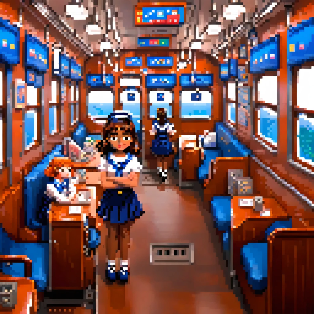 Create 3D Pixar-style cartoon scenes,,Wearing a sailor uniform,The girl in front of me,Sitting and sleeping on a train,The girl is sitting opposite me.