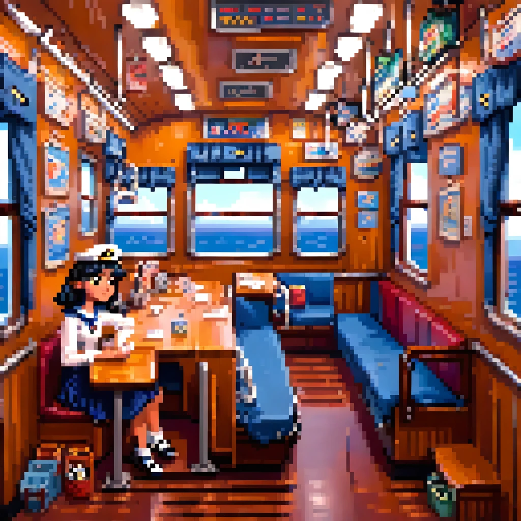 Create 3D Pixar-style cartoon scenes,,Wearing a sailor uniform,The girl in front of me,Sitting and sleeping on a train,The girl is sitting opposite me.