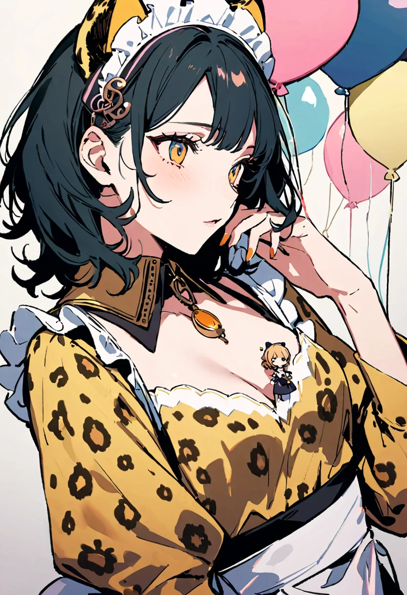 masterpiece, Highest quality, Illustration of the novel, High resolution, 18+ Adult content, Sensual, Intimate, Emotional, Passionate, romantic, sweet, Adorable, Innocent, Pure, Charmな, Charmな, Charm, mysterious, Charmな, Charmな, Immersive, Charmな, dream-like, Surreal, Imaginative, Whimsical, Artistic, Avant-garde, timeless, elegant, Sophisticated, chic, Sophisticated, personality, original, Charmな,((Maid clothes:1.3)),(Cheetah Dress:1.3)、Female Band、live、((Upper Body:1.3))