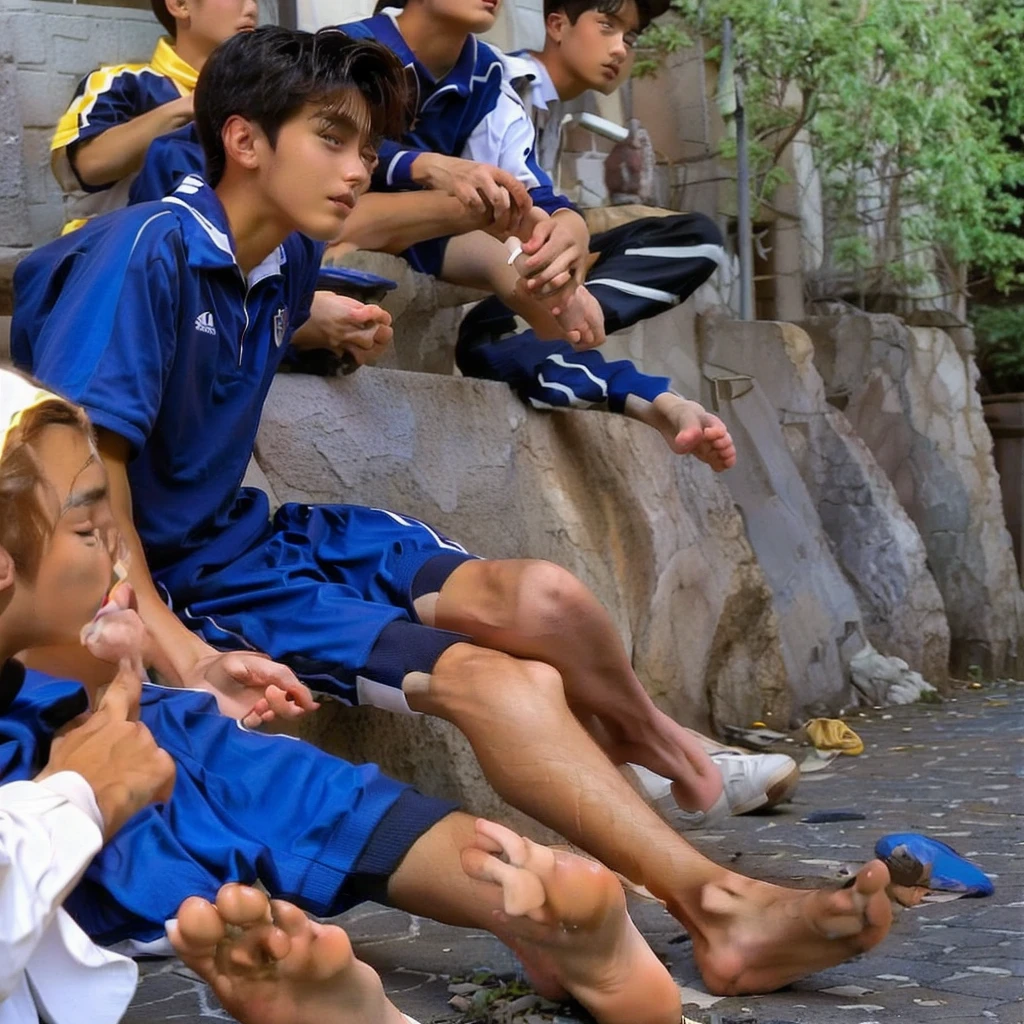 several young boys sitting on a bench with their backs to the camera, wearing a school soccer uniform, sitting on the ground, focus on his foot, feet posing, candid shot, detailed shot legs-up, close-up on legs, feet on the ground, boys, relaxing after a hard day, japanese high school, wearing japanese , candid, leg shot