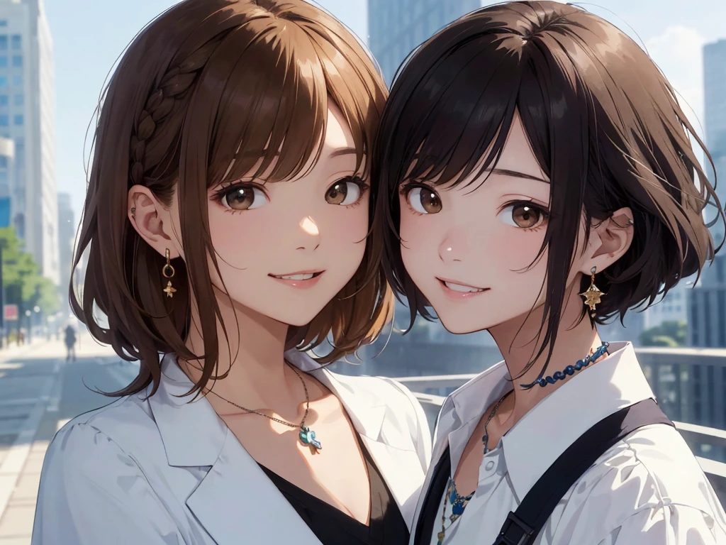 The background is the city、Skyscraper、Busy downtown area(Highest quality、masterpiece、High resolution)、、((Right beside、Woman profile、))、(Detailed depiction of a beautiful face)、Suit jacket、A kind smile、Medium Short Hair、Brown Hair、Braiding、、
information(Highest quality:1.2)、Very detailed、High resolution、masterpiece:1,2、Bright colors、Bokeh、Professional Lighting、Physically Based Rendering、Flat Color:0.8、Fine Illustration、Realistic:1.37、Makoto Shinkai style、Name Style、Light Brown Hair、Elegant update、Short Bob、Young woman、Laugh together、Dynamic poselip、cheek(Dark Brown Hair/)bangs、cheek(direction)、(最高masterpiece1.2)繊細なイラストVery detailed、Break Blue Sky、Detailed Background、20-year-old female、、A shy smile、Through clenched teeth、Clench your teeth、lip、cheek(Flat Color: 0.8)、(masterpiece: 1,2)、(masterpiece: 1,2)、High resolution、超High resolution、Highest quality、High resolution、Ultra-thin illustration、Makoto Shinkai style、Your Name is Style、long hair、Short Bob、necklace、Earrings、Dynamic pose、Selfie、whole body、Brown Hair、Braiding、Hair Bun、ponytail・Hair Bunスタイル、necklace、Valletta、ribbon、Earrings・アニキュア,。