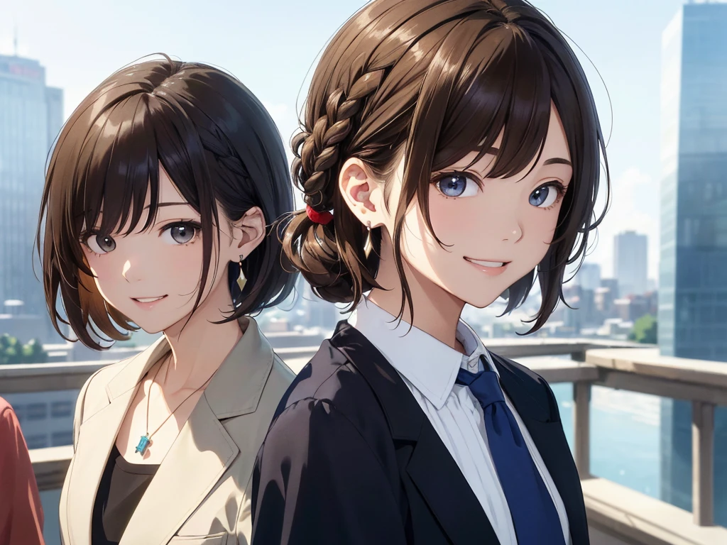 The background is the city、Skyscraper、Busy downtown area(Highest quality、masterpiece、High resolution)、、((Right beside、Woman profile、))、(Detailed depiction of a beautiful face）、Suit jacket、A kind smile、Medium Short Hair、Brown Hair、Braiding、、
information(Highest quality:1.2)、Very detailed、High resolution、masterpiece:1,2、Bright colors、Bokeh、Professional Lighting、Physically Based Rendering、Flat Color:0.8、Fine Illustration、Realistic:1.37、Makoto Shinkai style、Name Style、Light Brown Hair、Elegant update、Short Bob、Young woman、Laugh together、Dynamic poselip、cheek(Dark Brown Hair/)bangs、cheek(direction)、(最高masterpiece1.2)繊細なイラストVery detailed、Break Blue Sky、Detailed Background、20-year-old female、、A shy smile、Through clenched teeth、Clench your teeth、lip、cheek(Flat Color: 0.8)、(masterpiece: 1,2)、(masterpiece: 1,2)、High resolution、超High resolution、Highest quality、High resolution、Ultra-thin illustration、Makoto Shinkai style、Your Name is Style、long hair、Short Bob、necklace、Earrings、Dynamic pose、Selfie、whole body、Brown Hair、Braiding、Hair Bun、ponytail･Hair Bunスタイル、necklace、Valletta、ribbon、Earrings・アニキュア,。
