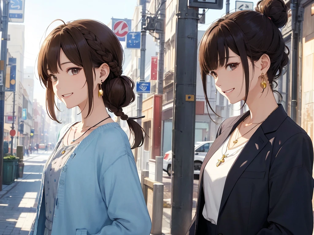 The background is the city、Skyscraper、Busy downtown area(Highest quality、masterpiece、High resolution)、、((Right beside、Woman profile、))、(Detailed depiction of a beautiful face)、Suit jacket、A kind smile、Medium Short Hair、Brown Hair、Braiding、、
information(Highest quality:1.2)、Very detailed、High resolution、masterpiece:1,2、Bright colors、Bokeh、Professional Lighting、Physically Based Rendering、Flat Color:0.8、Fine Illustration、Realistic:1.37、Makoto Shinkai style、Name Style、Light Brown Hair、Elegant update、Short Bob、Young woman、Laugh together、Dynamic poselip、cheek(Dark Brown Hair/)bangs、cheek(direction)、(最高masterpiece1.2)繊細なイラストVery detailed、Break Blue Sky、Detailed Background、20-year-old female、、A shy smile、Through clenched teeth、Clench your teeth、lip、cheek(Flat Color: 0.8)、(masterpiece: 1,2)、(masterpiece: 1,2)、High resolution、超High resolution、Highest quality、High resolution、Ultra-thin illustration、Makoto Shinkai style、Your Name is Style、long hair、Short Bob、necklace、Earrings、Dynamic pose、Selfie、whole body、Brown Hair、Braiding、Hair Bun、ponytail・Hair Bunスタイル、necklace、Valletta、ribbon、Earrings・アニキュア,。
