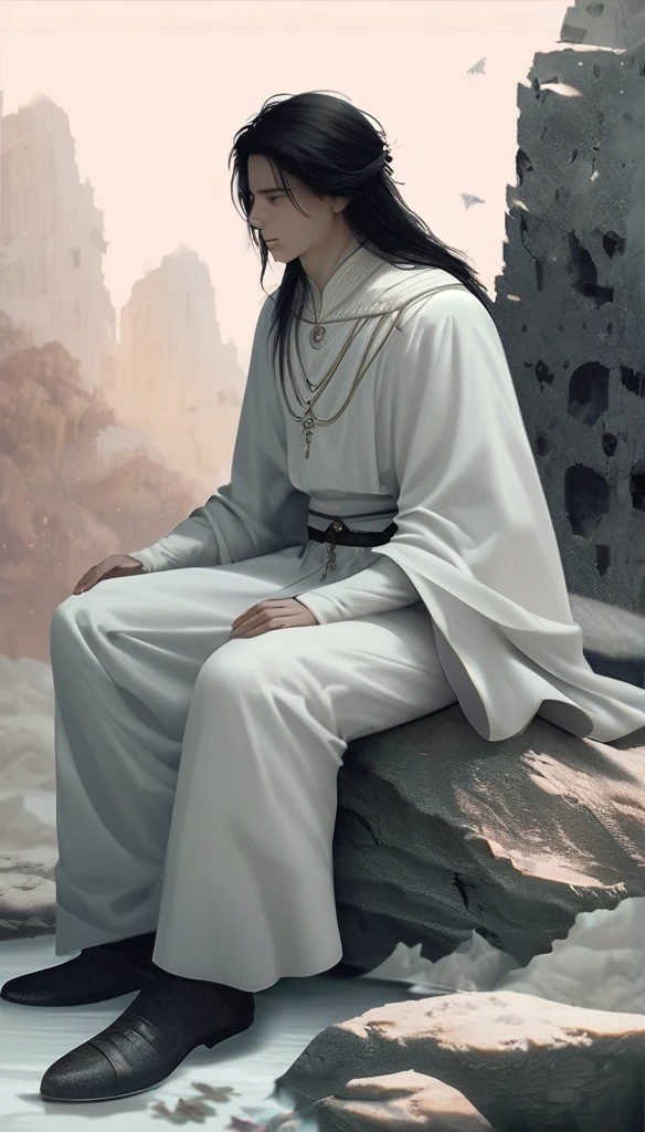 Anime-style male character sitting at rock, (long black hair:1.2), white noble outfit mediebal, night sky, Firefliess, high-resolution digital art, soft color palette, tranquil atmosphere, (serene ruins background:1.1), realistic ruinscape
