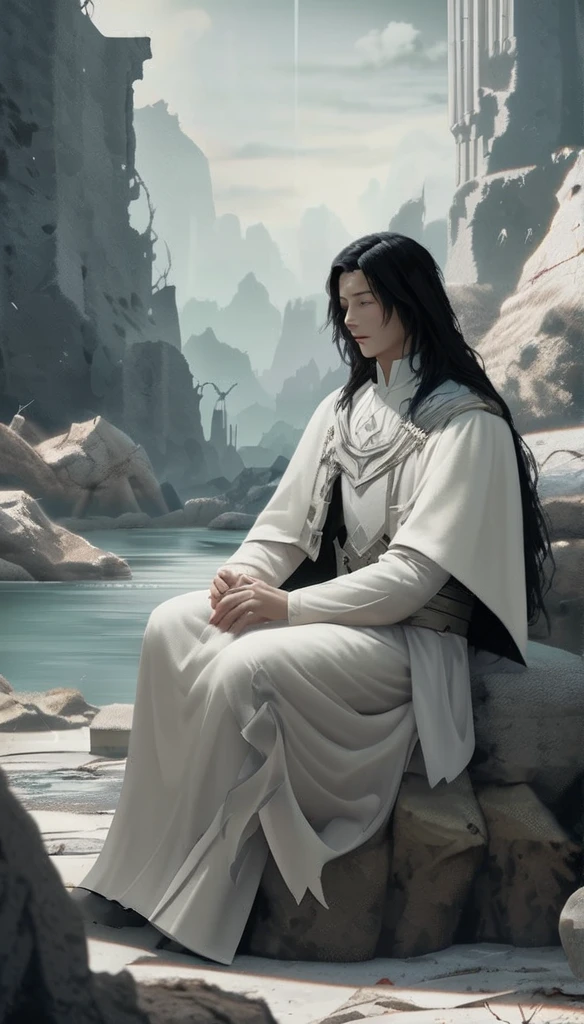 Anime-style male character sitting at rock, (long black hair:1.2), white noble outfit mediebal, night sky, Firefliess, high-resolution digital art, soft color palette, tranquil atmosphere, (serene ruins background:1.1), realistic ruinscape
