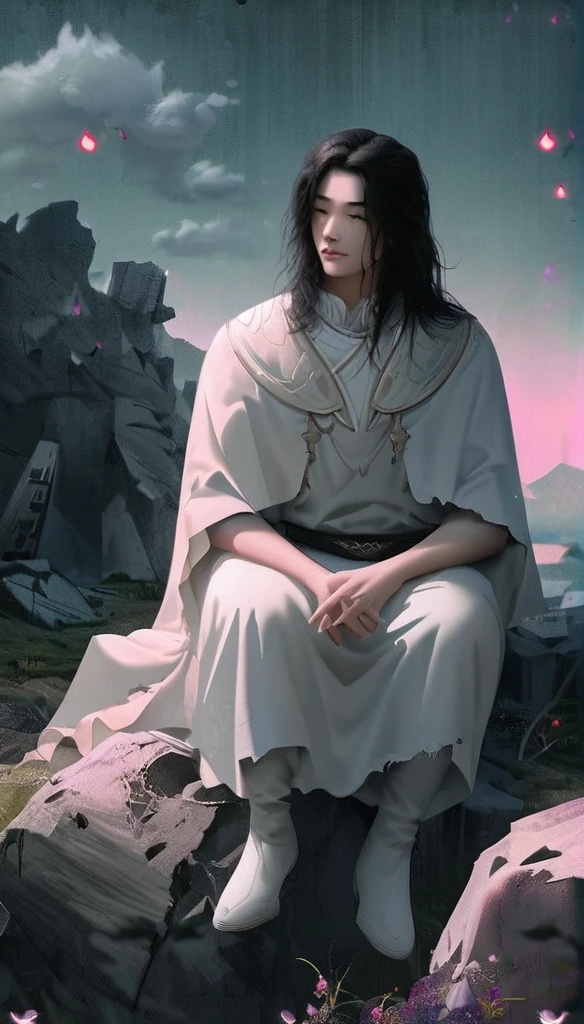 Anime-style male character sitting at rock, (long black hair:1.2), white noble outfit mediebal, night sky, Firefliess, high-resolution digital art, soft color palette, tranquil atmosphere, (serene ruins background:1.1), realistic ruinscape
