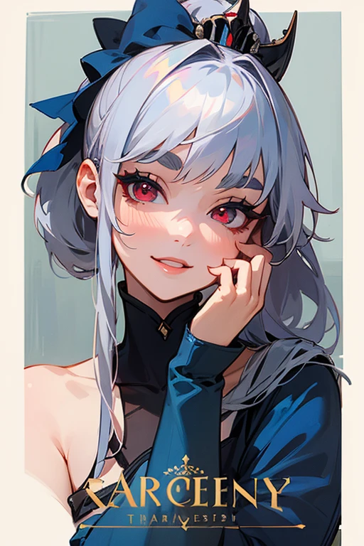(Highest quality, masterpiece:1.2), High resolution, 最高masterpiece、Very detailed, Realistic:1.37, Fantasy, An illustration,Gray Hair、 Red eyes、Queen, Navy and blue dress、beautifully、Eyeshadow Red、Thick eyebrows、Long eyelashes、pupils are black、shiny on the lips、Top Sites、Queen、Princess、A kind smile、Show your teeth a little and smile、Soft impression、people々々々々々々々々Loved by、Slimming the face、Shoulder Bare、ponytail、Kissing Face、Long white hair、Shaggy Bangs、Save face image、Cinderella Castle、