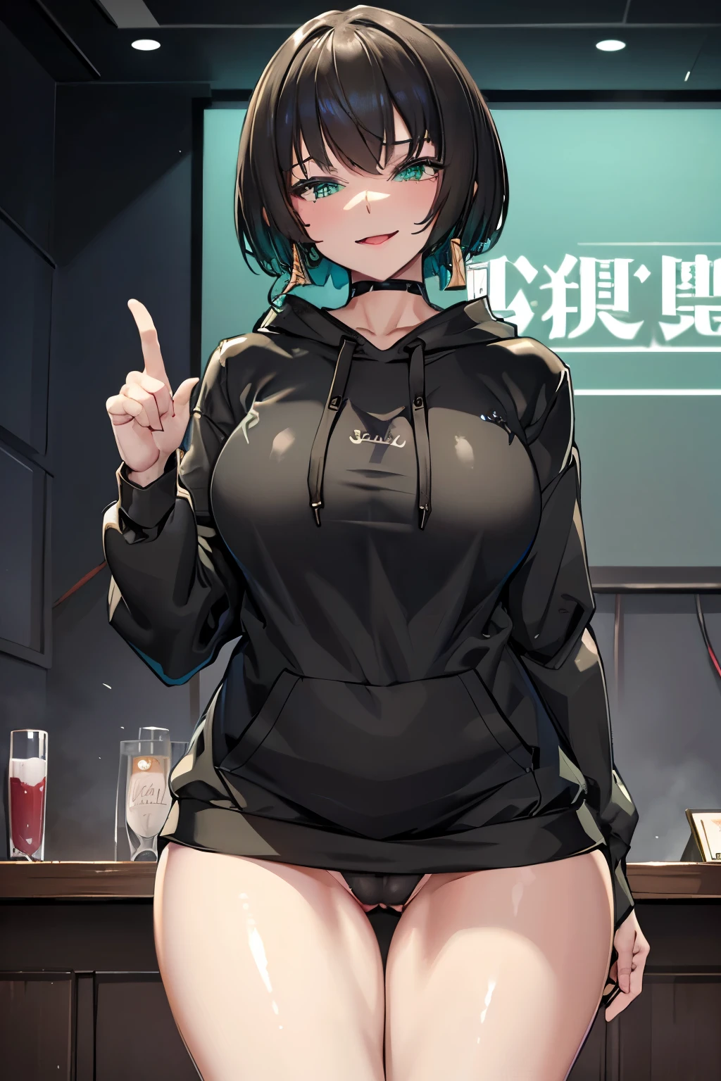 masterpiece, Highest quality, 1 person,( Large Breasts,Are standing, View your audience,),Detailed Background、A person who writes in detail、Accurate human body、Knowledgeable person、Accurate 5-finger,Mature Woman,Thighsが太い,Cruby Body,allmind,Long sleeve、Thighs、alone,((Oversized hoodie,)), dripping