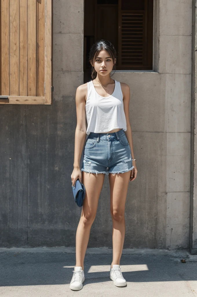 (Masterpiece, Best Quality:1.2), 1 girl, Alone,standing_to divide, wide, White Sleeveless Tank Top，blue denim shorts, that the shirt is transparent and the pants are marked