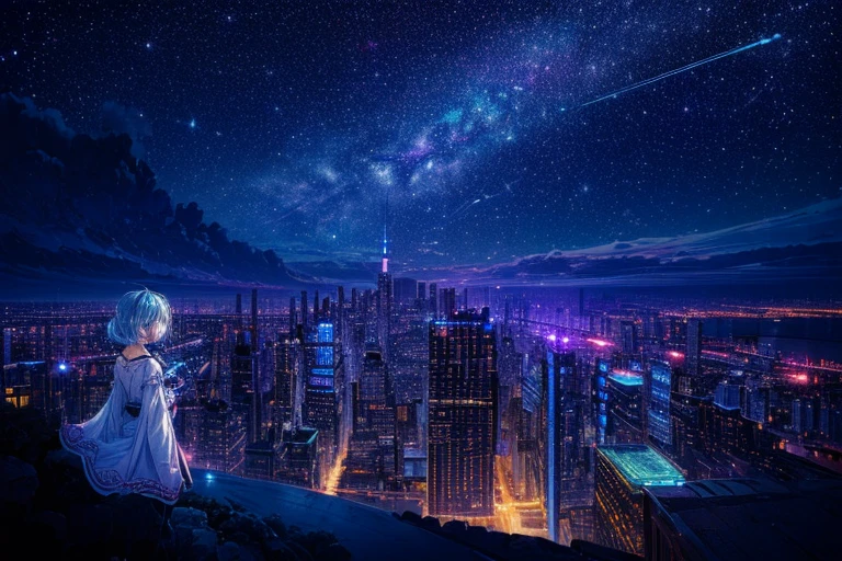 (((masterpiece))), (((best quality))), ((ultra-detailed)), (highly detailed CG illustration), ((an extremely delicate and beautiful)),Cute girl characters,light-blue hair,purple  eyes,Night view from a high place、Drawing a large number of skyscrapers, Looking up at the starry sky. Surround her with colorful nebulae and colorful metropolis.