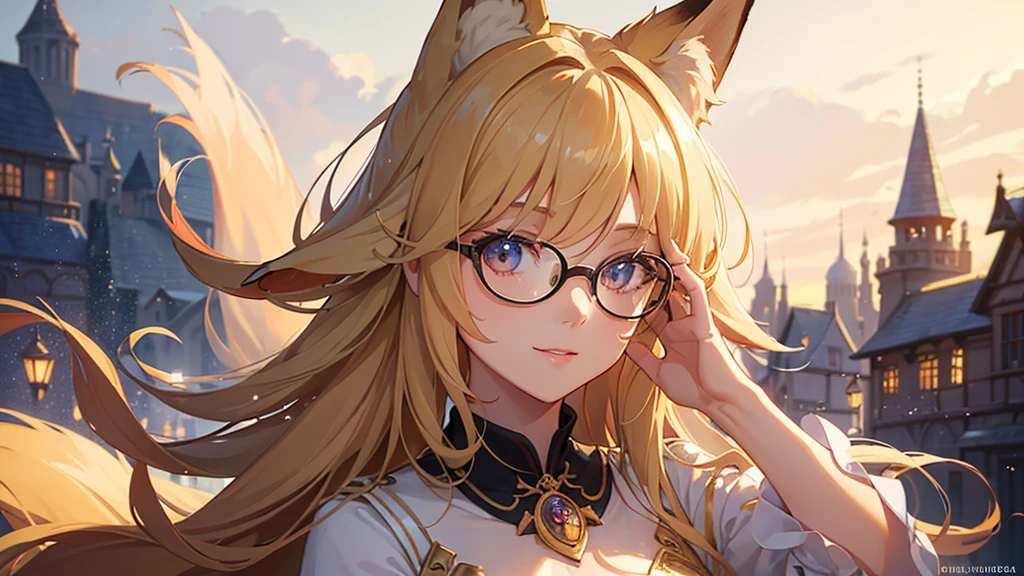 ((Best quality)), ((masterpiece)), (detailed), best quality，8K，original photo，This is a perfect face，Fox-eared maiden，touch fox，Castle Background， Liveliness. Carefree happy joy bokeh background. Quiet aesthetics. Soft lighting. Artistic Lighting. wearing glasses