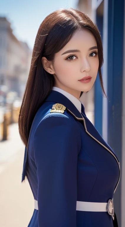 (UHigh resolution, retina, masterpiece, Accurate, Anatomically correct, Textured skin, Super detailed, Attention to detail, high quality, 最high quality, High resolution, 1080P, High resolution, 4K, 8K, 16K), (美しいAttention to detail目, Beautiful lip detail, Highly detailed eyes and face), Studio Lighting, Physically Based Rendering, Vibrant colors, (Large Breasts, Glamorous Body), (Royal Blue Color, navy uniform coat, class seal:1.5), (hunting:1.2), Business shirts, (Portraiture, Shiny Hair, Shiny skin, blush, Hair blowing in the wind), ( background, Bokeh), Eye Reflexes, Jet Black Hair,