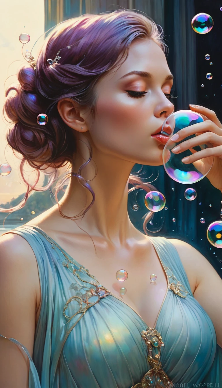 A painting of a woman in a dress blowing bubbles, Roysh and Wow, Mysterious Bubbles, Moebius + Roysh + Wow, Dreamy details, intricate Wow, A close-up fantasy using the magic of water, fairy tale artwork, Fairy tale painting, Anna Dittmann style, Wow art, Realistic fantasy painting, Artgerm Julie Bell Beeple